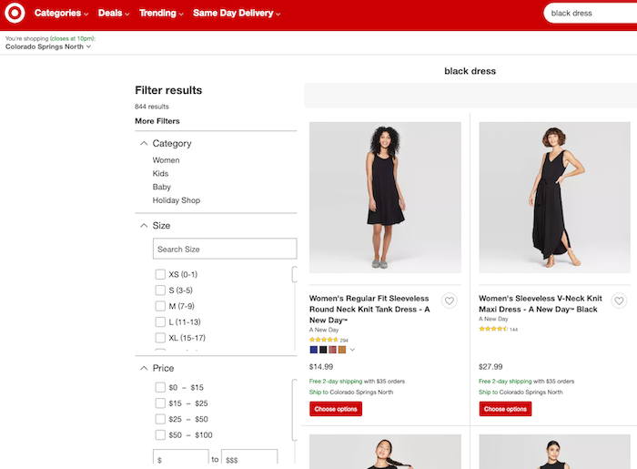 Screenshot of Black Dress Search on Target