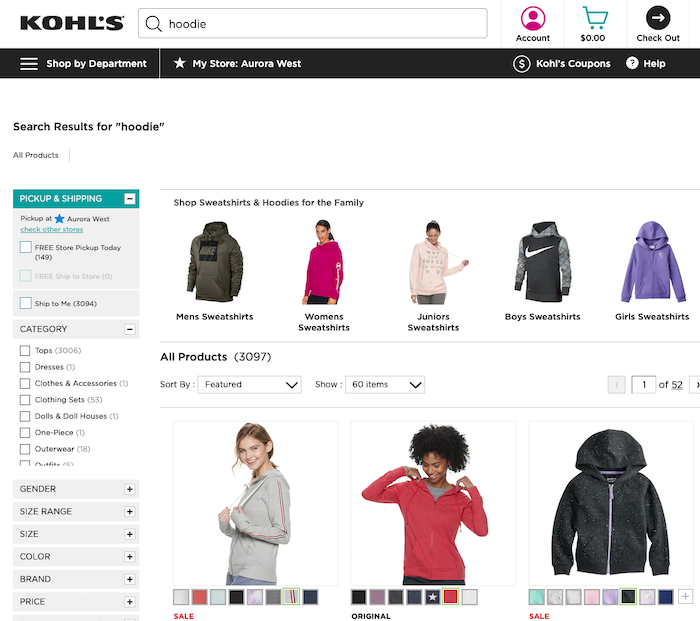 Screenshot of Hoodie Search on Kohl's