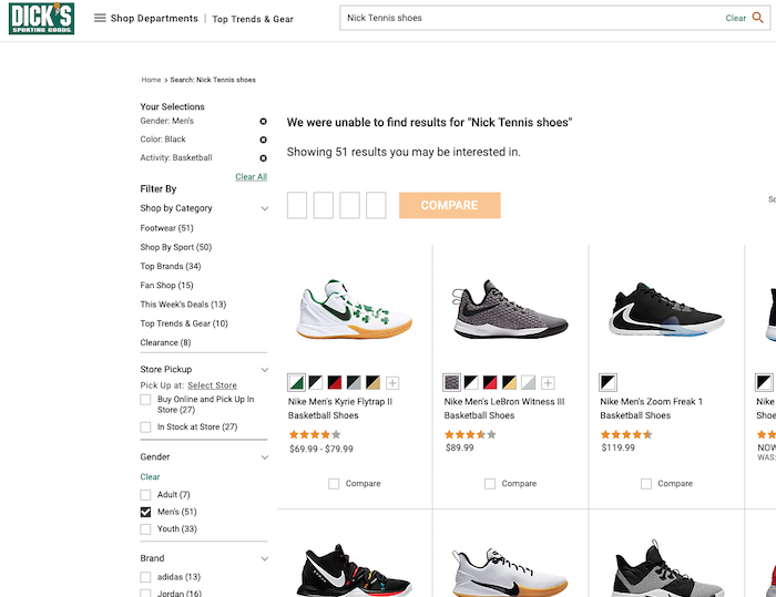 Screenshot of Nike Shoes Search on Dick's